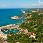 Aerial view of Xcaret Park on the Caribbean coast of Mexico