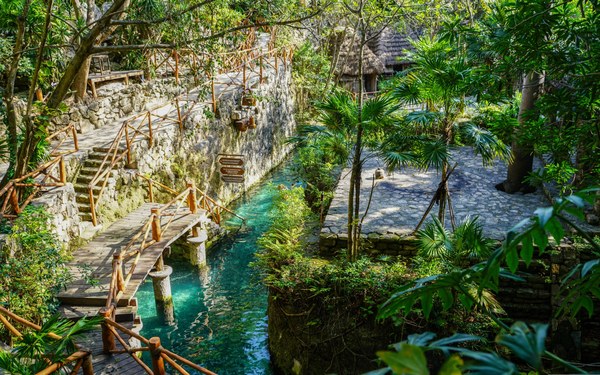 Stone path and stream among tropical plants in Xcaret Park