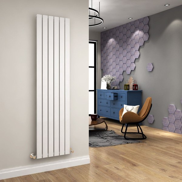 Tall white Elegant Showers vertical flat panel designer radiator in a modern living room