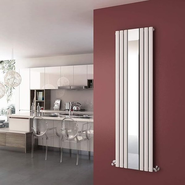 White Elegant Showers vertical mirror radiator on a red wall beside a kitchen