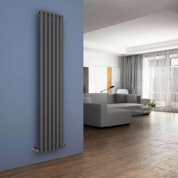 Anthracite grey Elegant Showers vertical oval panel radiator on a blue wall