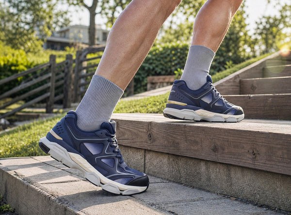 Man walking on stone steps in navy FitVille Rebound Nova walking shoes