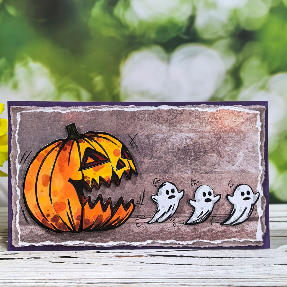 Handmade Halloween card made with Inlovearts pumpkin and ghost cutting dies