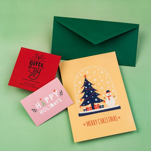 Gedrukte kerstkaarten in verschillende formaten naast een groene envelop