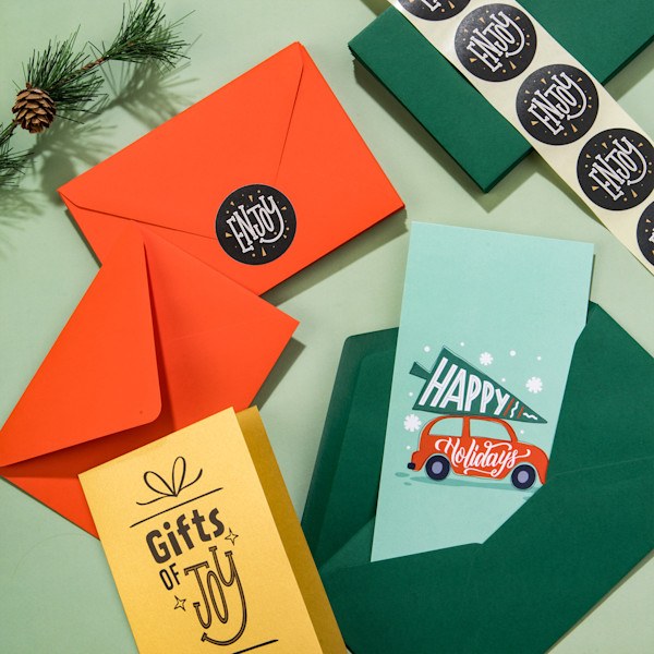 Kerstkaarten met oranje en groene enveloppen en ronde kerststickers