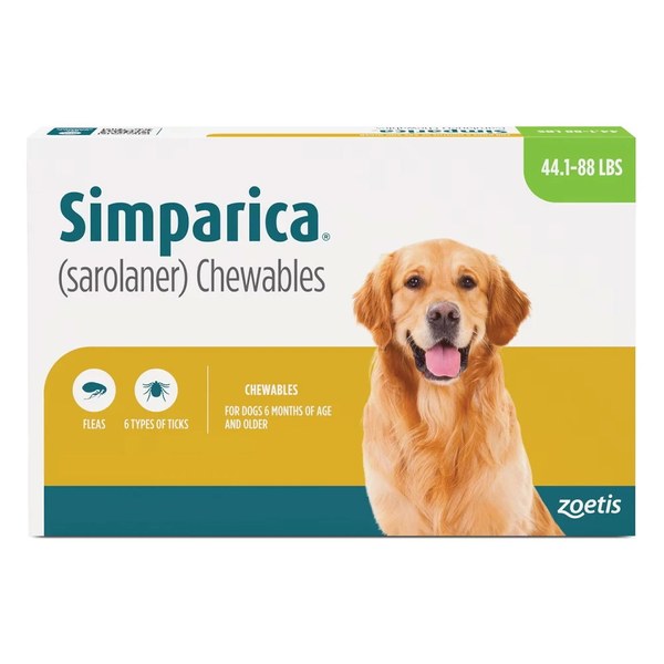 Pack of Simparica sarolaner chewables for dogs 44.1 to 88 lbs