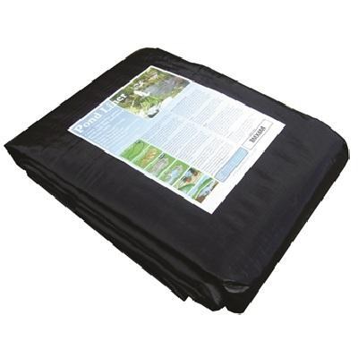 Folded black Flexiliner pond liner with its instruction label