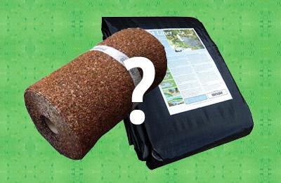 Roll of pond underlay beside a folded black pond liner