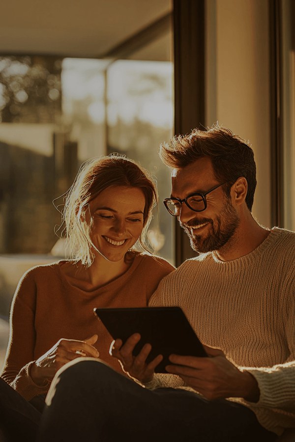 Couple relaxing on a sofa at home looking at a tablet together, from Superloop residential internet