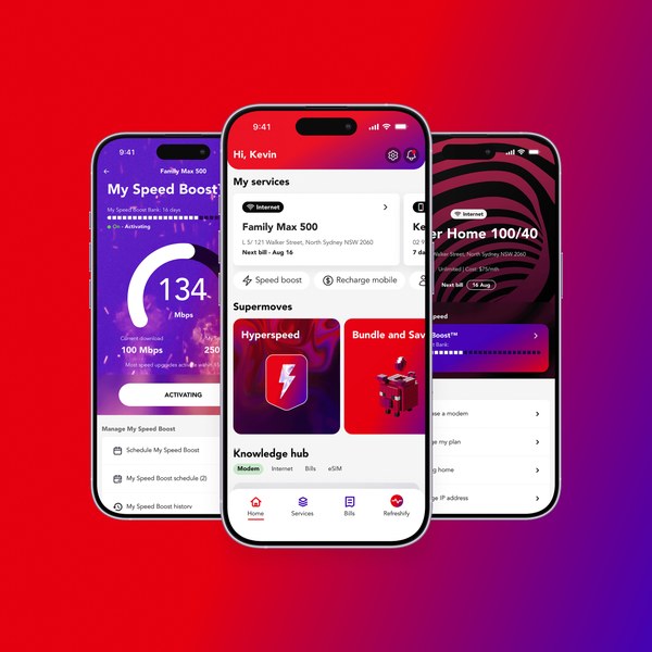 Superloop app screens on two smartphones showing the account dashboard and My Speed Boost