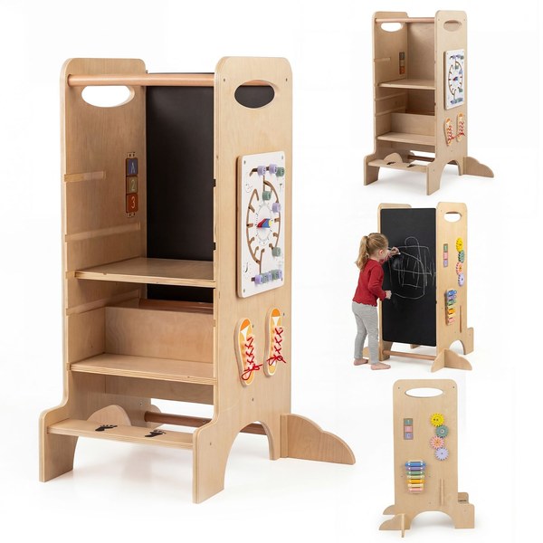 Torre Montessori Costway in legno con lavagna e pannello giochi mostrata da più angolazioni
