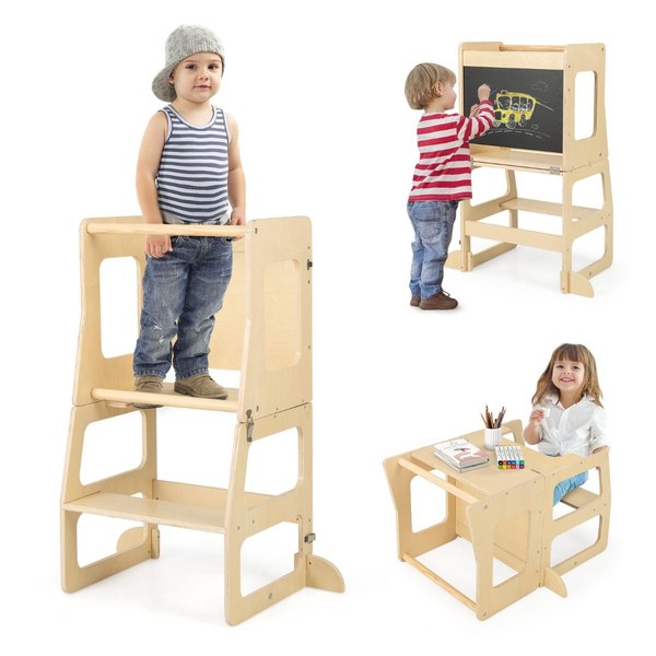 Torre di apprendimento pieghevole Costway usata come scaletta, lavagna e set tavolino con sgabello