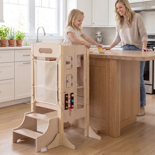 Bambina in piedi su una torre Montessori in legno accanto al piano cucina insieme alla mamma