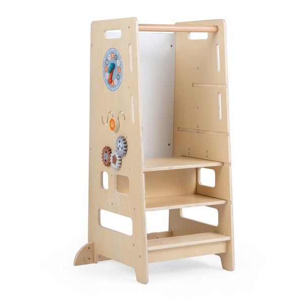 Torre Montessori Costway in legno naturale con barra di sicurezza, vista frontale