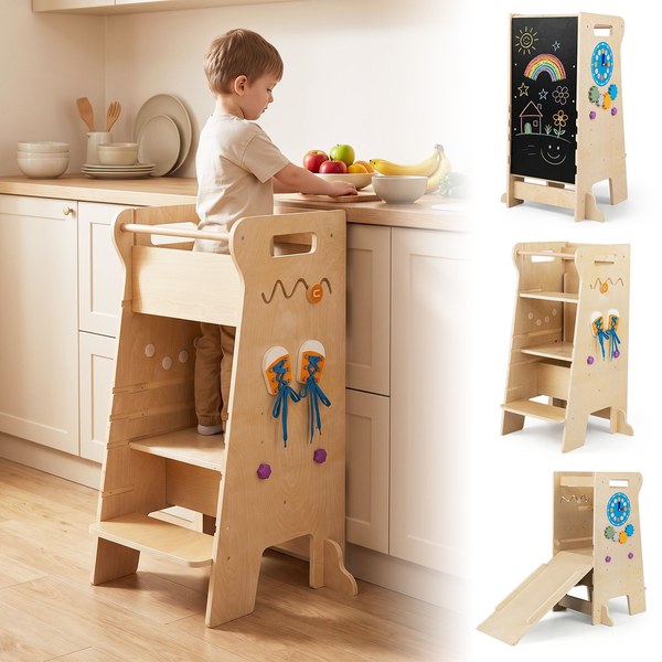 Torre Montessori 4 in 1 Costway con lavagna e scivolo in una cucina luminosa