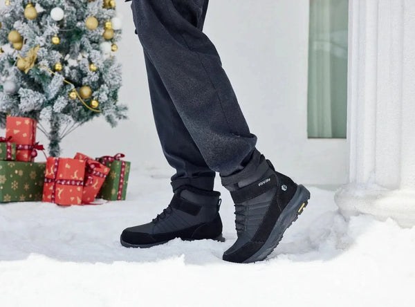 FitVille CozyCore V8 winter boots worn beside a Christmas tree
