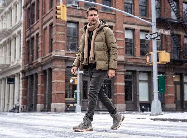 Man walking down a city street in FitVille HiberCore wide fit winter boots
