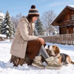 Woman in FitVille SnowVeil winter boots crouching with her dog in the snow outside a cabin