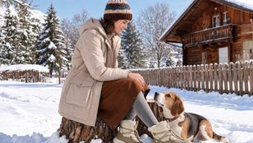 Woman in FitVille SnowVeil winter boots crouching with her dog in the snow outside a cabin