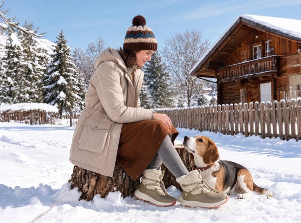 Woman in FitVille SnowVeil winter boots crouching with her dog in the snow outside a cabin