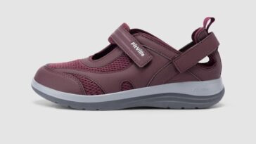 FitVille Women's FlexiWalk Mary Jane sandal in burgundy with a hook-and-loop strap