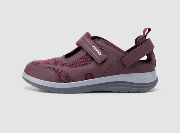 FitVille Women's FlexiWalk Mary Jane sandal in burgundy with a hook-and-loop strap
